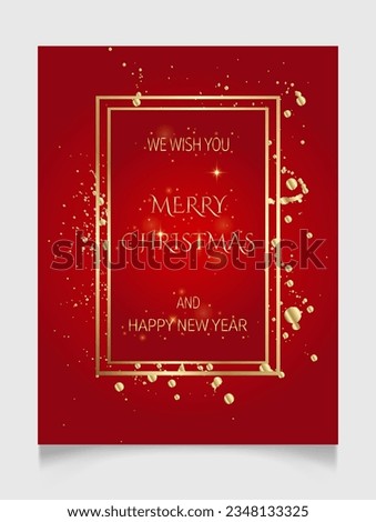 Handwritten Christmas and New Year greetings in a glowing frame, modern festive calligraphy lettering in golden over red. Holiday season design vector illustration template.