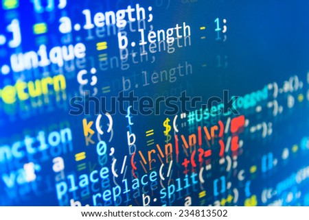 Software developer programming code. Abstract computer script  code.  Selective focus.  Blue color. 