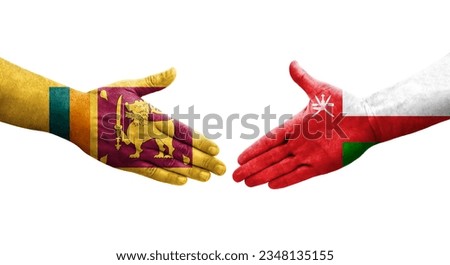 Handshake between Sri Lanka and Oman flags painted on hands, isolated transparent image.
