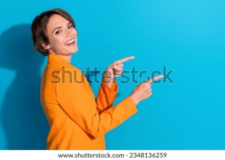 Side profile photo of young laughing woman bob hair recommend coworking zone location direct fingers ad isolated on blue color background
