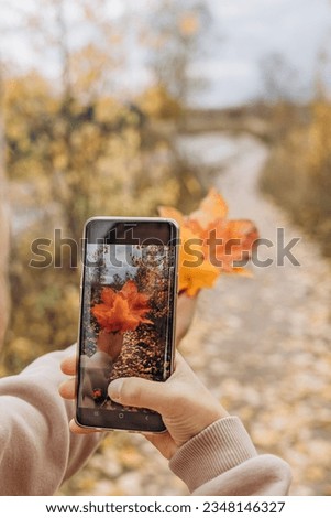 Teenager boy taking photos with his smartphone autumn bouquet of maple leaves.