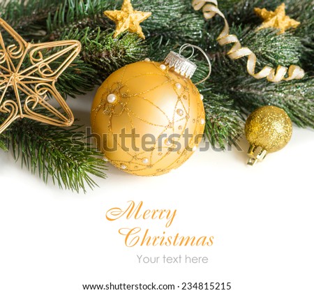 Festive decoration with golden bauble, stars and garland