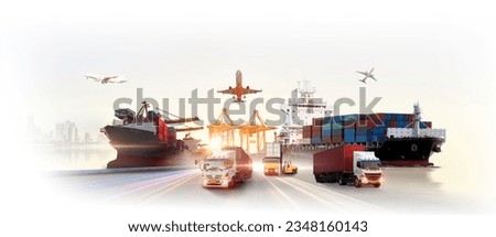 Global business logistics import export of containers cargo freight ship loading at port by crane, container transport, cargo plane, truck to port background Royalty-Free Stock Photo #2348160143