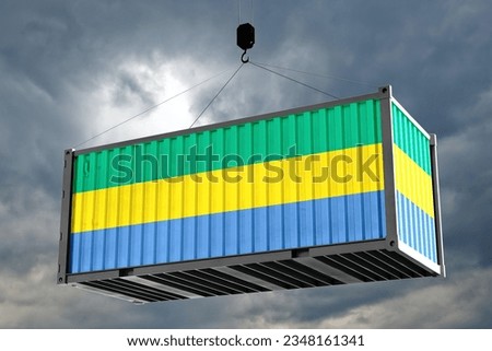 Shipping container hanging with Gabon flag, cloud background