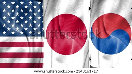 Double exposure concept image of American flag combined with Japanese and South Korean flags and cloth texture. Describe the summits of the leaders of the United States, Japan, and South Korea.