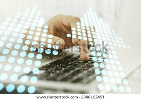 Double exposure of creative abstract upward arrows hologram and hands typing on laptop on background. Ambition and challenge concept