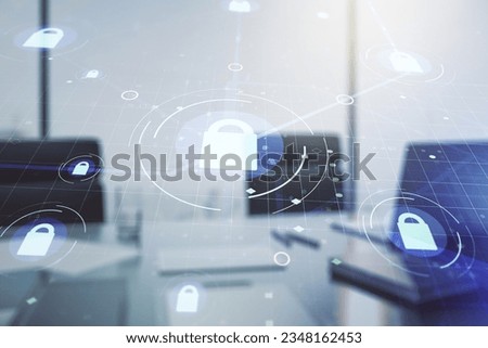 Creative light lock illustration with microcircuit and modern desktop with pc on background, cyber security concept. Multiexposure