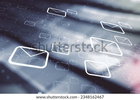 Abstract virtual postal envelopes hologram on abstract metal background, email and notification concept. Multiexposure