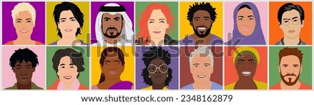 Set of multiethnic multiracial men and women avatars for social media networks. Diverse cartoon character vector illustrations isolated on colorful background. Head portraits, Modern profile pictures