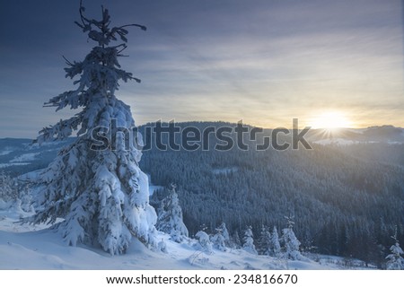 Winter landscape at sunset in mountains 