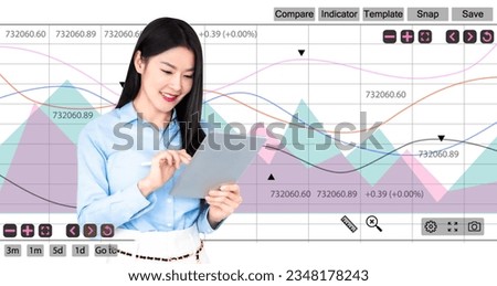 Asian businesswoman working on tablet computer with marketing interface icon.Technology digital online marketing commerce network.Working on digital technology icon.Market chart,grap analyzing diagram