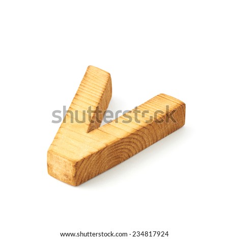 Single capital block wooden letter V isolated over the white background