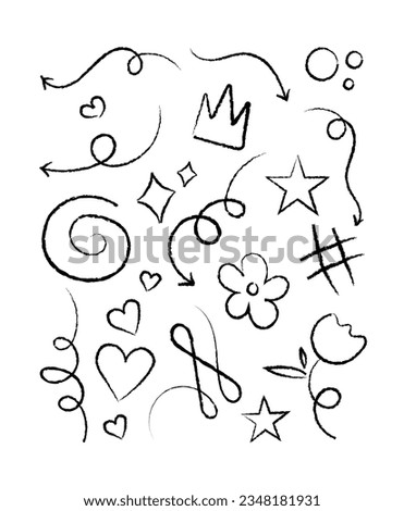 Doodle  Black  Line Set Include of Heart, Stroke, Circle, star, flower and Arrow Sign. Vector illustration