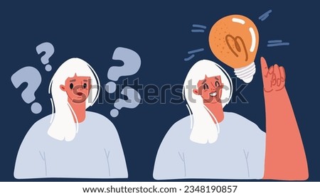 Cartoon vector illustration of Question mark. Woman asking questions around a huge question mark. Bulb lamp. Finding idea concept over dark background