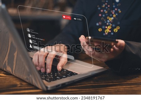 Business man is using laptop and mobile to do online marketing strategy. Concept of business advertising, digital marketing online live streaming. Using of Social media and website to promote business