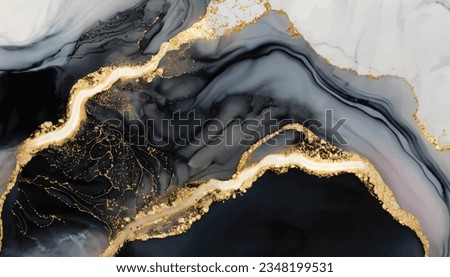 High resolution. Luxury abstract fluid art painting in alcohol ink technique, mixture of black, gray and gold paints. Imitation of marble stone cut, glowing golden veins. Vector Illustration