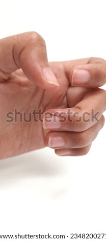 Dermatillomania, a mental health condition when a person picking their skin compulsively. Skin-picking or excoriation around the nails. woman hand, isolated on white background Royalty-Free Stock Photo #2348200271