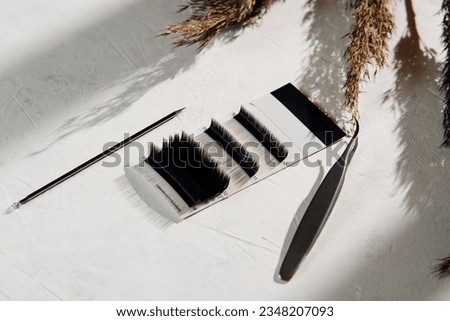 Palette full of black artificial eyelashes and various tools for lash extension procedure lying on white table near branches of pampas grass. Isolated tweezers and volume cilia in pallet on desk. Royalty-Free Stock Photo #2348207093