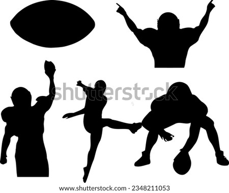 football players and football silhouettes vector illustration. people engaged in various athletic activities, such as throwing, kicking, and picking up balls.