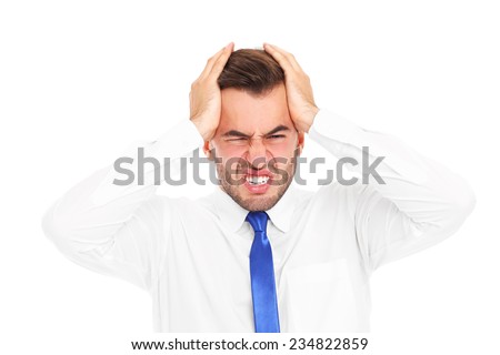 A picture of a stressed businessman having headache over white background