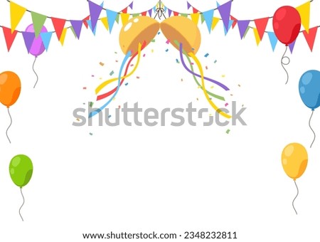 Celebrate hanging triangular garlands with ball and confetti. Colorful perspective flags party on white background. Birthday, Christmas, anniversary, and festival fair concept. Vector illustration.