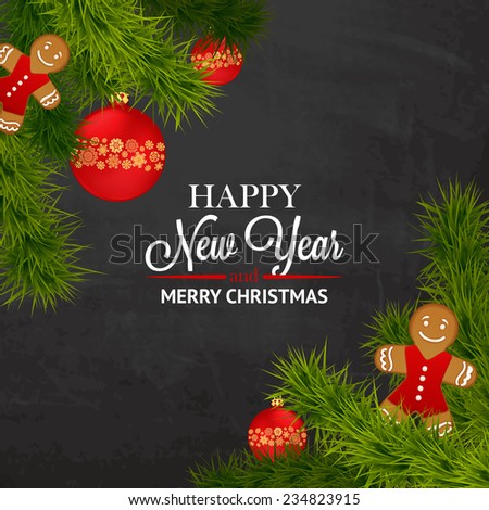 Merry Christmas background with pine branches and christmas toys. Vector illustration