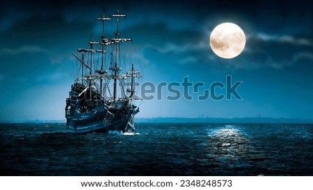 A pirate ship walking in the middle of the water in the dusk of the night with the bright moonlight
 Royalty-Free Stock Photo #2348248573