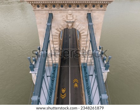 Renovated Szechenyi Chain bridge in Budapest Hungary. 
Replaces all old and damaged bricks, all iron component, and the full light system.  The Chain bridge one of the famous sights in Budapest Royalty-Free Stock Photo #2348261879