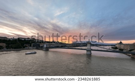 Renovated Szechenyi Chain bridge in Budapest Hungary. 
Replaces all old and damaged bricks, all iron component, and the full light system.  The Chain bridge one of the famous sights in Budapest Royalty-Free Stock Photo #2348261885