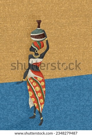 African woman carrying water, copy space vector art graphic mosaic template Royalty-Free Stock Photo #2348279487