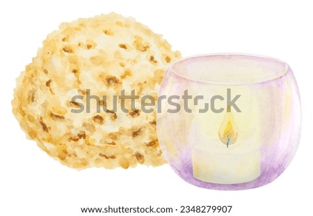 Yellow sea sponge and violet glass candlestick with candle, vase. Watercolor hand drawn illustration. Natural eco product for body washing and selfcare. Washcloth for sauna, spa salon and shower.