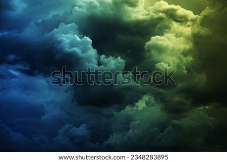 Black dark blue green teal cyan yellow sky. Color gradient. Heavy storm clouds. Light glow lightning. Dramatic skies background. Night evening.Cloudy rain wind.Scary spooky ominous.Epic fantasy mystic Royalty-Free Stock Photo #2348283895