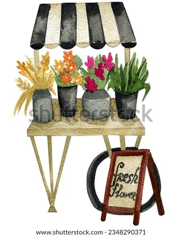 Flower shop set. Watercolor hand painted illustration. Cute fairytale flower house a white background with watercolor illustration isolated on a white background. Hand-drawn set of suburban European.