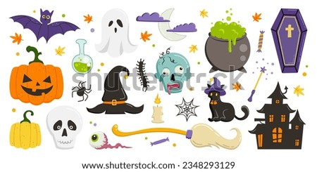 Sticker pack of Halloween cartoon elements. Vector illustration, big set of spooky design elements in simple cartoon style. Scary items, symbols and signs. Halloween decorations.