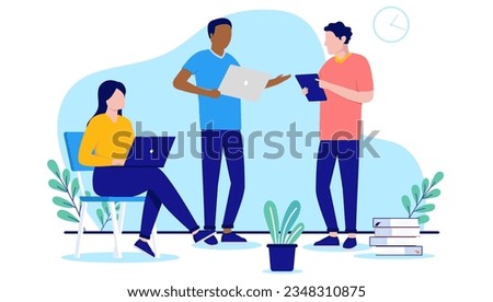 Tech people working in office - Team of three people standing and sitting having discussion about work. Flat design vector illustration with white background Royalty-Free Stock Photo #2348310875