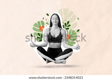Creative 3d photo collage illustration of peaceful cheerful relaxed girl sitting meditating on flower isolated on drawing background