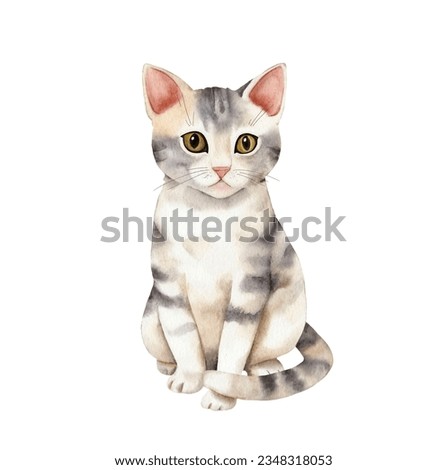 Striped cute gray kitten sits, watercolor illustration.