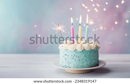 Pastel birthday cake with three birthday candles and sparkler Royalty-Free Stock Photo #2348319147