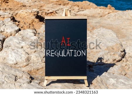 AI regulation symbol. Concept words AI artificial intelligence regulation on blackboard. Beautiful sea stone sky background. Business AI artificial intelligence regulation concept. Copy space