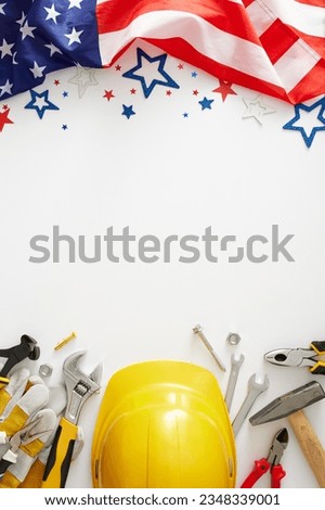 Create your custom happy Labor Day banner. Top view vertical shot of USA flag, yellow helmet,  tools, stars confetti on white background with empty space for advert or text