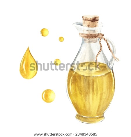 Olive oil in glass jug and oil drops. Hand drawn watercolor illustration on a white background. For menu, product and italian, greek, spanish cuisine design