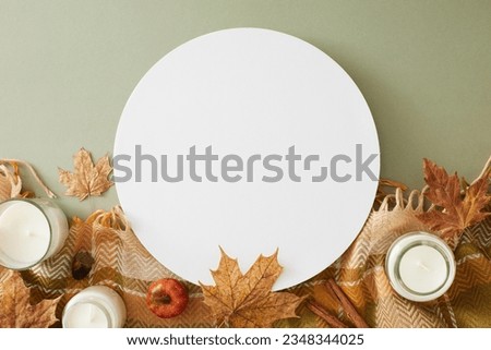 Enchanting fall aesthetic concept. Top view photo of candles, warm cashmere plaid, acorns, pumpkins, maple leaves on olive background with blank circle for promo or message