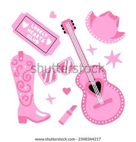 A set of pink women's accessories. Boots, guitar, hat, ticket, lipstick and glasses. Girly style for dolls