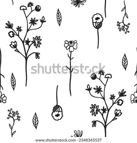 Seamless pattern of decorative flowers and leaves black and white vector graphics on a white background. Light floral silhouette print for fabric, textile, wallpaper, wrapping paper.