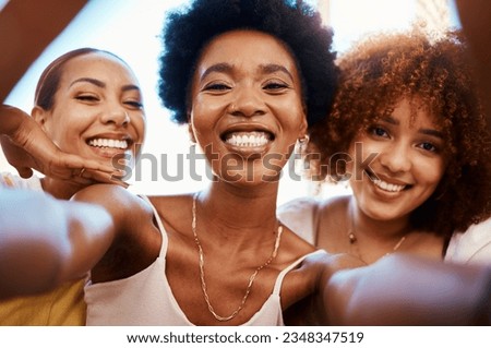 Happy, friends and selfie of African women together on social media, profile picture and post of summer holiday or vacation. People, smile and portrait with happiness in online blog or memory