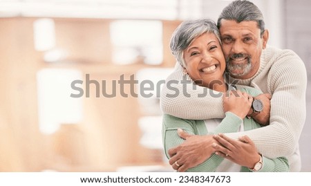 Portrait, hug and old couple with marriage, smile and happiness with bonding, romance and retirement. Home, mature man and senior woman embrace, apartment and mockup space with love, care and support
