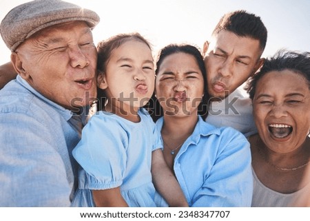 Funny, selfie and child with grandparents and parents in nature on a vacation, adventure or holiday. Comic, goofy and family generations taking a picture with silly faces by a sky on a weekend trip.