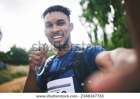 Runner man, athlete and outdoor in selfie, race or excited for triathlon, hiking or adventure in woods. Young African guy, happy and photography for memory, profile picture or post for social network