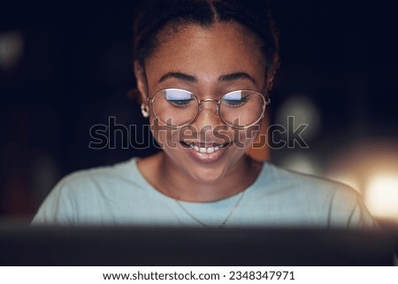 Night, laptop and face of happy woman review journalist story, social media blog and research report. News editor, reading or female writer check online article, editing copywriting or agency project