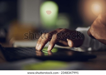 Laptop keyboard, hands and person typing web design, customer experience feedback and SEO research. Closeup, late night development and designer check wireframe, project or editing website layout